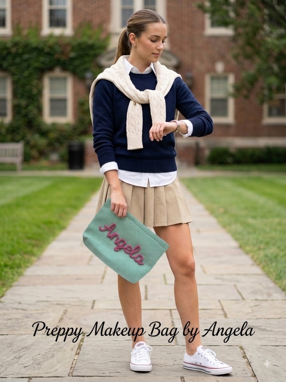 Personalized Cosmetic Pouch in Mint Green with Pink Script